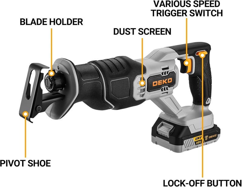 DEKOPRO Cordless Reciprocating Saw: 20V Lithium Ion Power Reciprocating Saw with Battery and Charger, Variable Speed Trigger, 25/32" Stroke Length, 0-2800RPM and 4-5/16" Max for Wood, Metal, PVC - Image 2